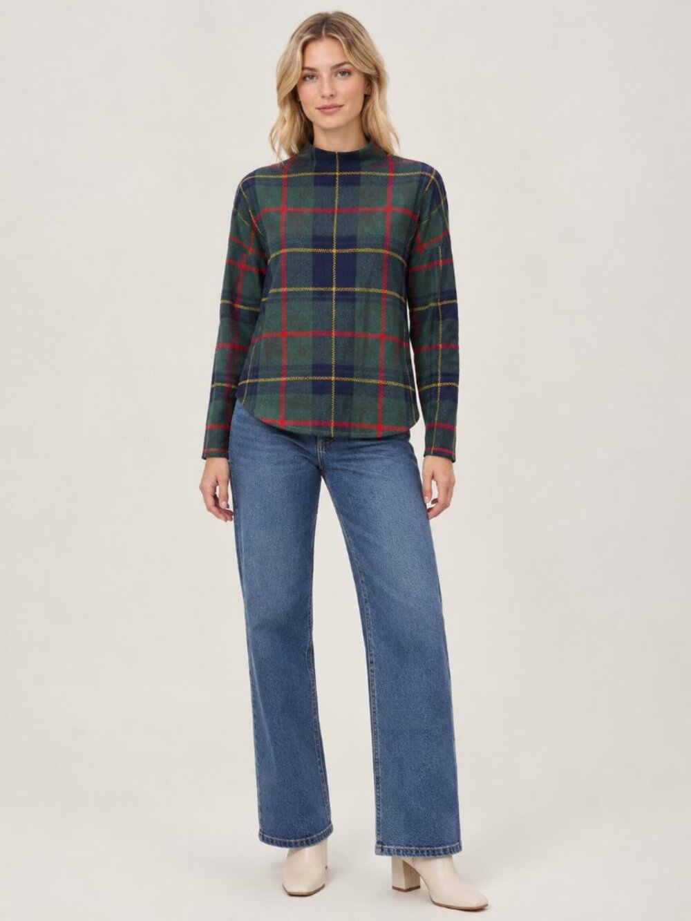 TAHARI Checkered Windowpane Mock Neck Sweater Navy Green Medium #A4334